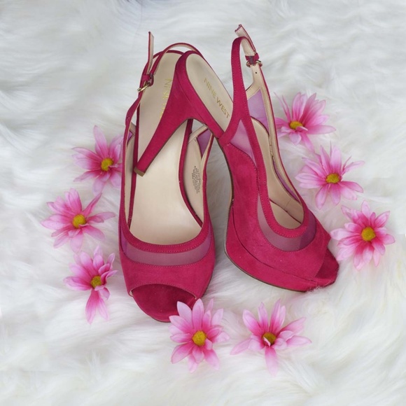 Nine West Pink Suede Open Toe Platform Heels - Picture 2 of 4